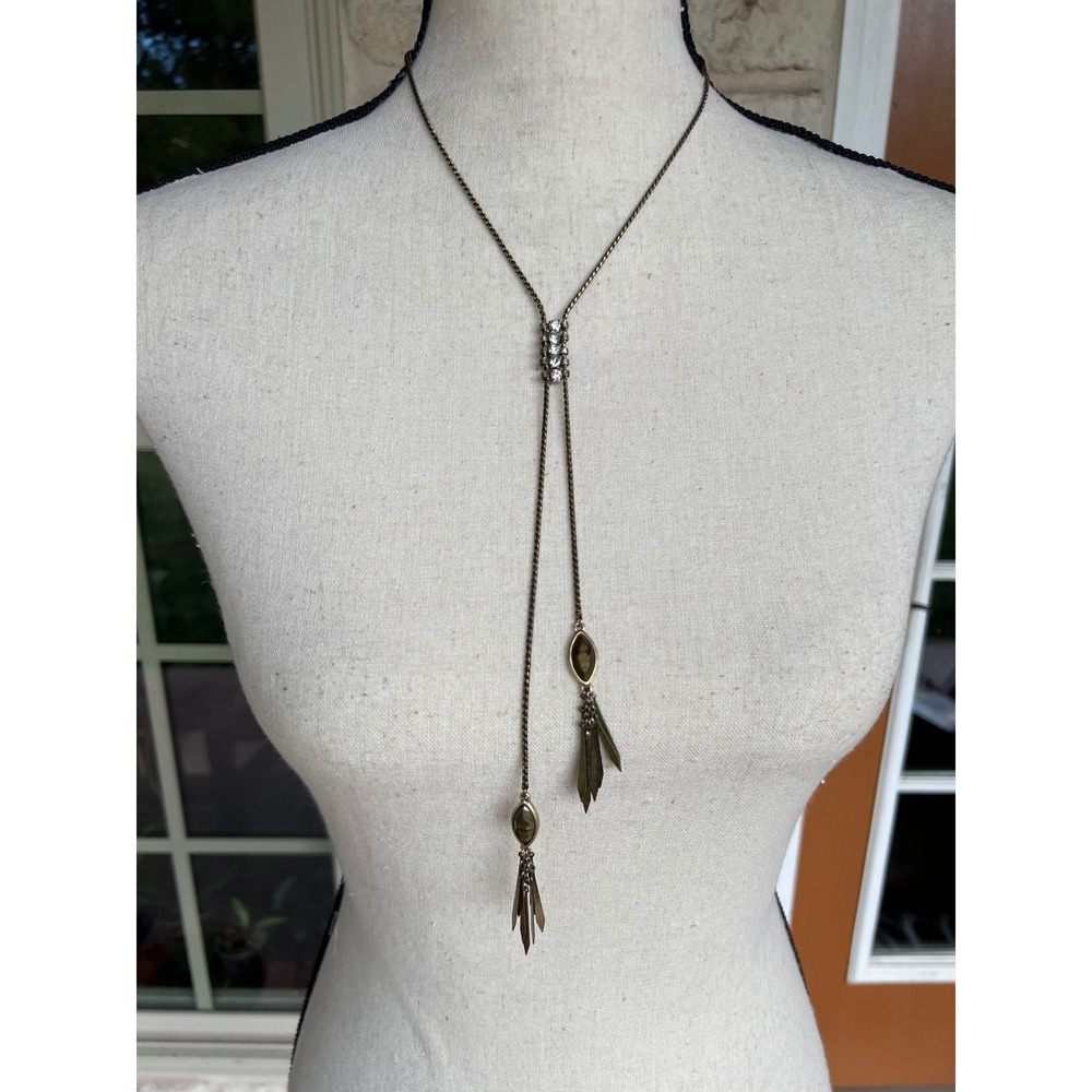 Lydell NYC Antique Brass Tone Crystal Lariat Necklace with Leaf Charms NEW